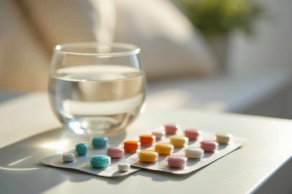 Plaquettes de médicaments colorés et verre d