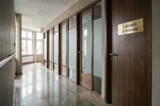 Couloir d'un cabinet d'avocats moderne en Moselle avec portes en bois et plaques professionnelles
