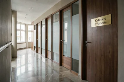 Couloir d'un cabinet d'avocats moderne en Moselle avec portes en bois et plaques professionnelles