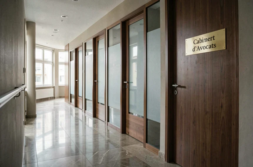 Couloir d'un cabinet d'avocats moderne en Moselle avec portes en bois et plaques professionnelles
