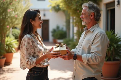 Femme offrant un cadeau emballé à un homme souriant sur une terrasse méditerranéenne, illustrant la gratitude en espagnol pour un cadeau