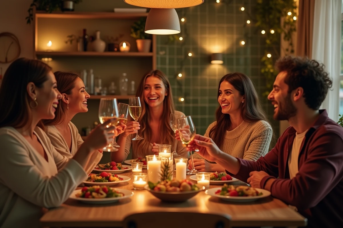 Groupe d'amis portant un toast autour d'une table de tapas espagnols, illustrant les remerciements en espagnol pour une invitation à dîner