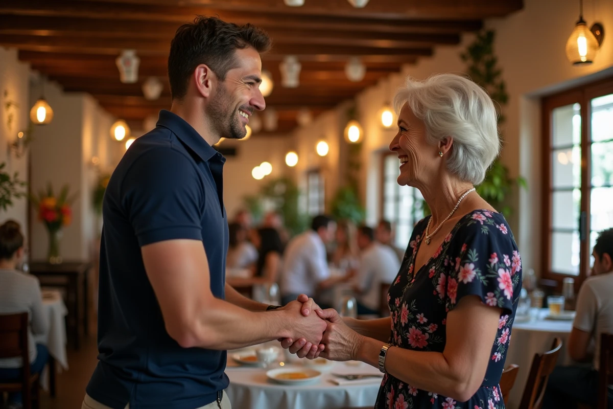 Jeune homme serrant la main d'une femme âgée dans un restaurant espagnol, symbolisant les remerciements en espagnol pour un service rendu