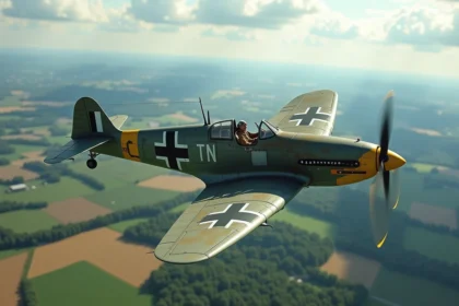 Messerschmitt Bf 109 G en vol au-dessus de la campagne européenne