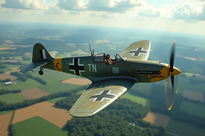 Messerschmitt Bf 109 G en vol au-dessus de la campagne européenne