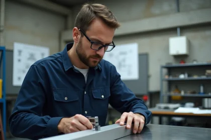 Ingénieur mesurant un tube carré en aluminium avec un pied à coulisse numérique dans un atelier industriel