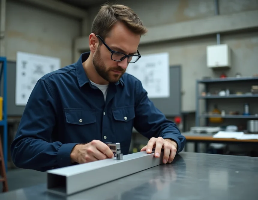 Ingénieur mesurant un tube carré en aluminium avec un pied à coulisse numérique dans un atelier industriel