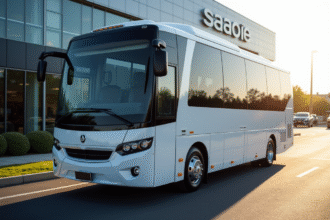 Minibus neuf devant un concessionnaire moderne et lumineux