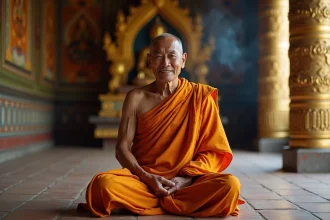 Moine bouddhiste thaïlandais âgé en robe safran méditant dans un temple ancien de Chiang Mai, atmosphère contemplative et patrimoniale
