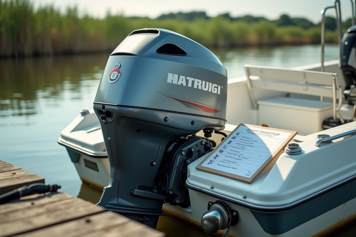 Moteur hors-bord de bateau motorisé avec checklist d'entretien Aunis Motonautic fixée sur la coque amarrée sur une rivière