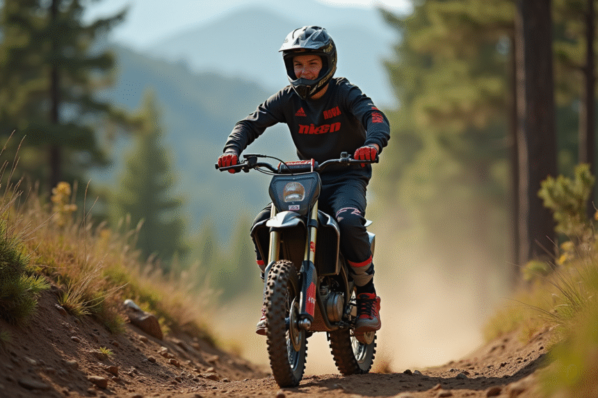 Jeune motocross rider sur sentier forestier en pleine action