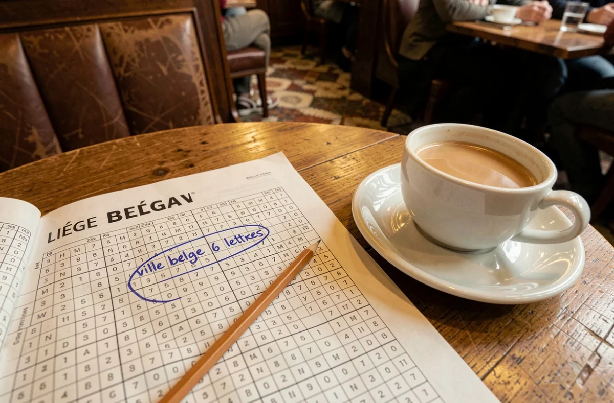 Mots croisés belges ouverts sur une table de café avec la clue ville belge 6 lettres