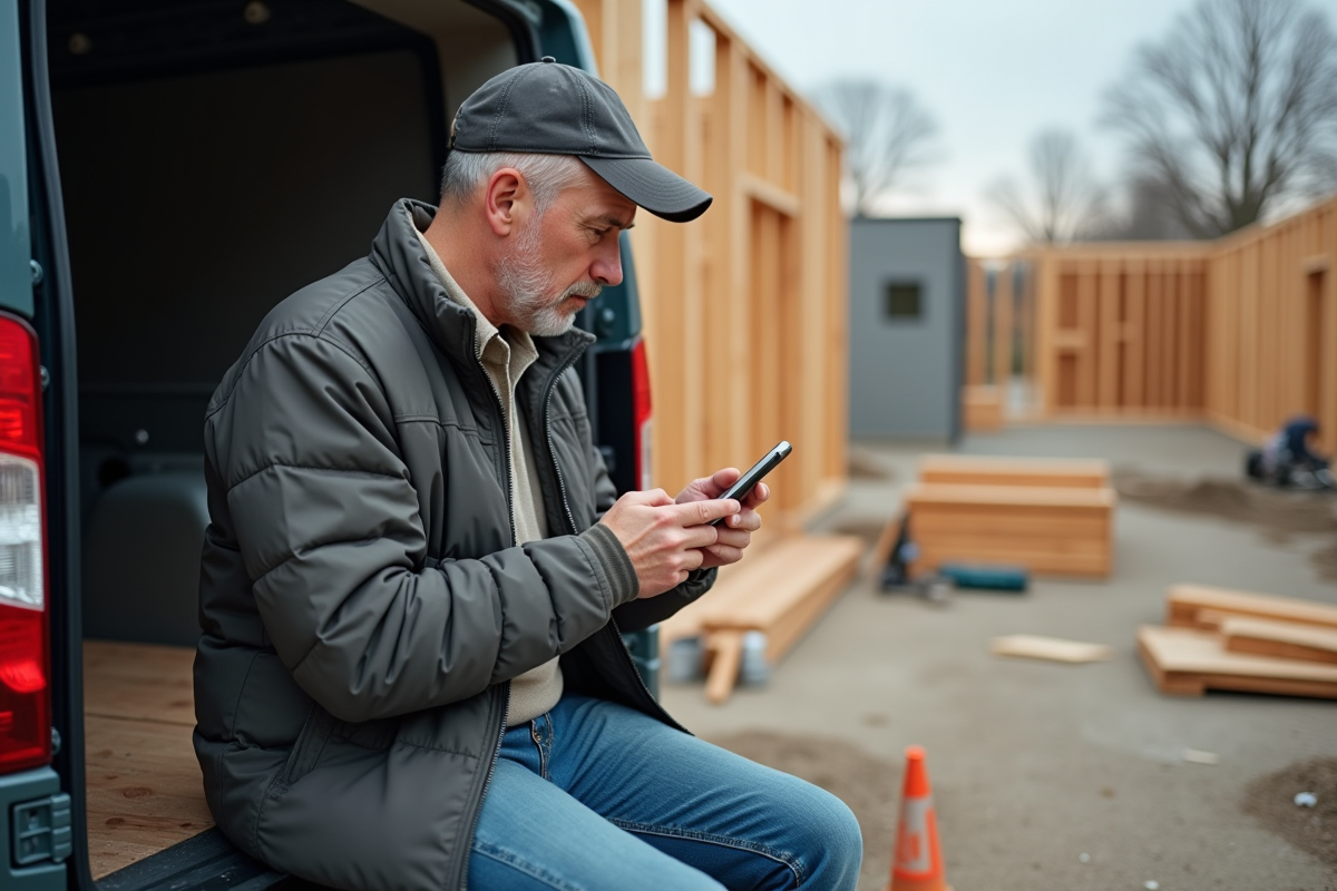 Ouvrier de chantier remplit un formulaire sur son smartphone