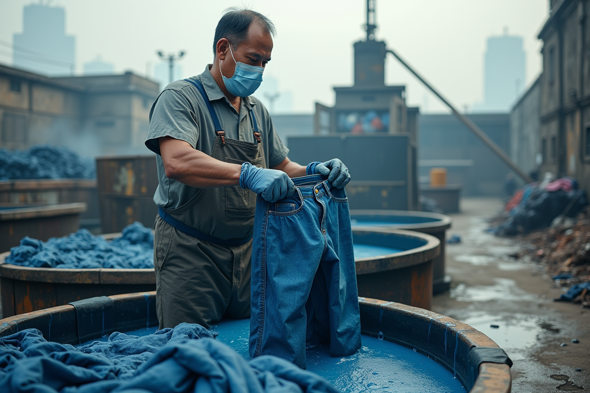 Ouvrier asiatique manipulant un jean dans un atelier de teinture extérieur