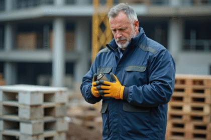 Ouvrier inspectant des gants de protection sur un chantier