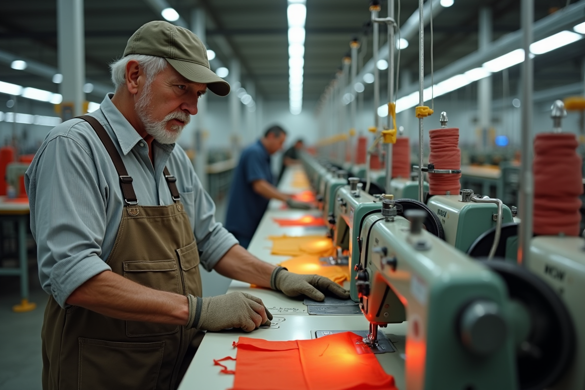 Ouvrier textile vérifie des machines à coudre industrielles
