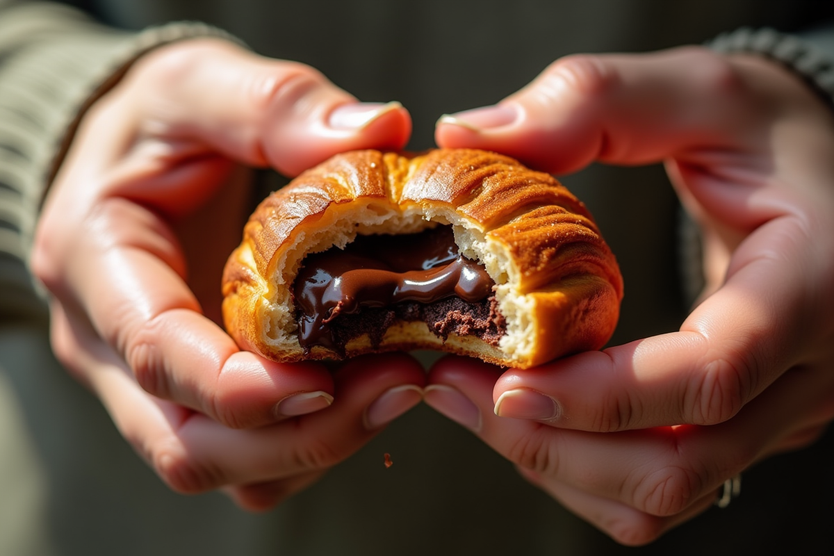 Main cassant un pain au chocolat avec chocolat fondu