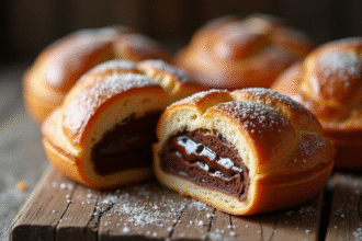 Pain au chocolat frais sur table en bois rustique