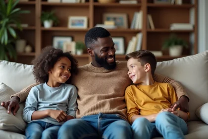 Père noir en discussion avec ses enfants dans un salon chaleureux