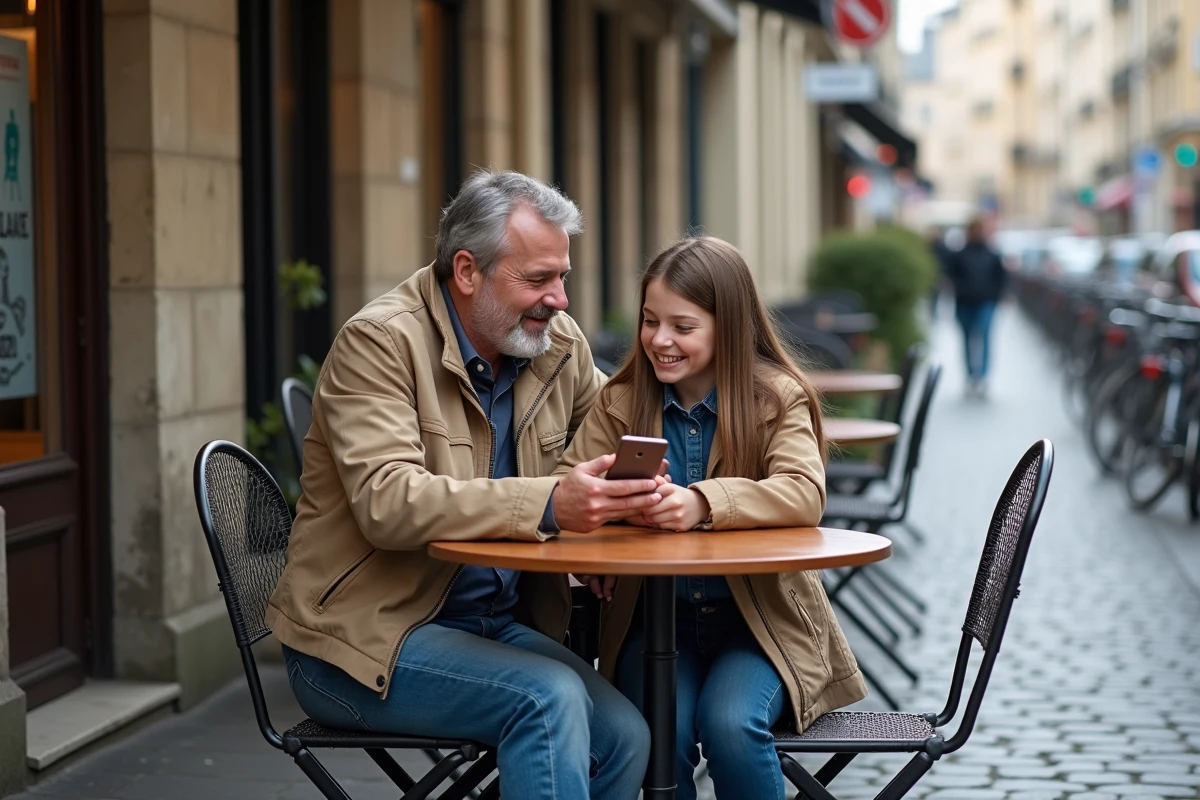 Père et fille riant au café dans une rue parisienne