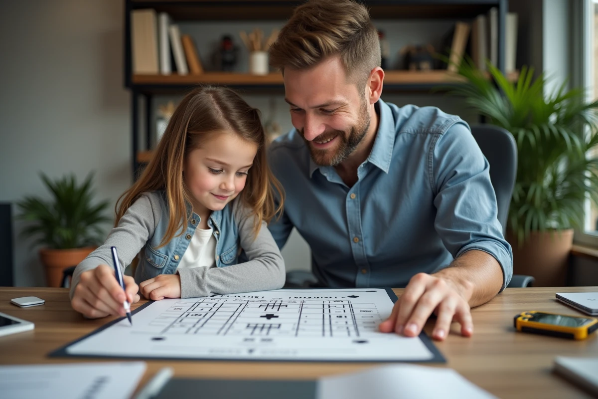 Un père joue à la bataille navale avec sa fille dans un bureau moderne