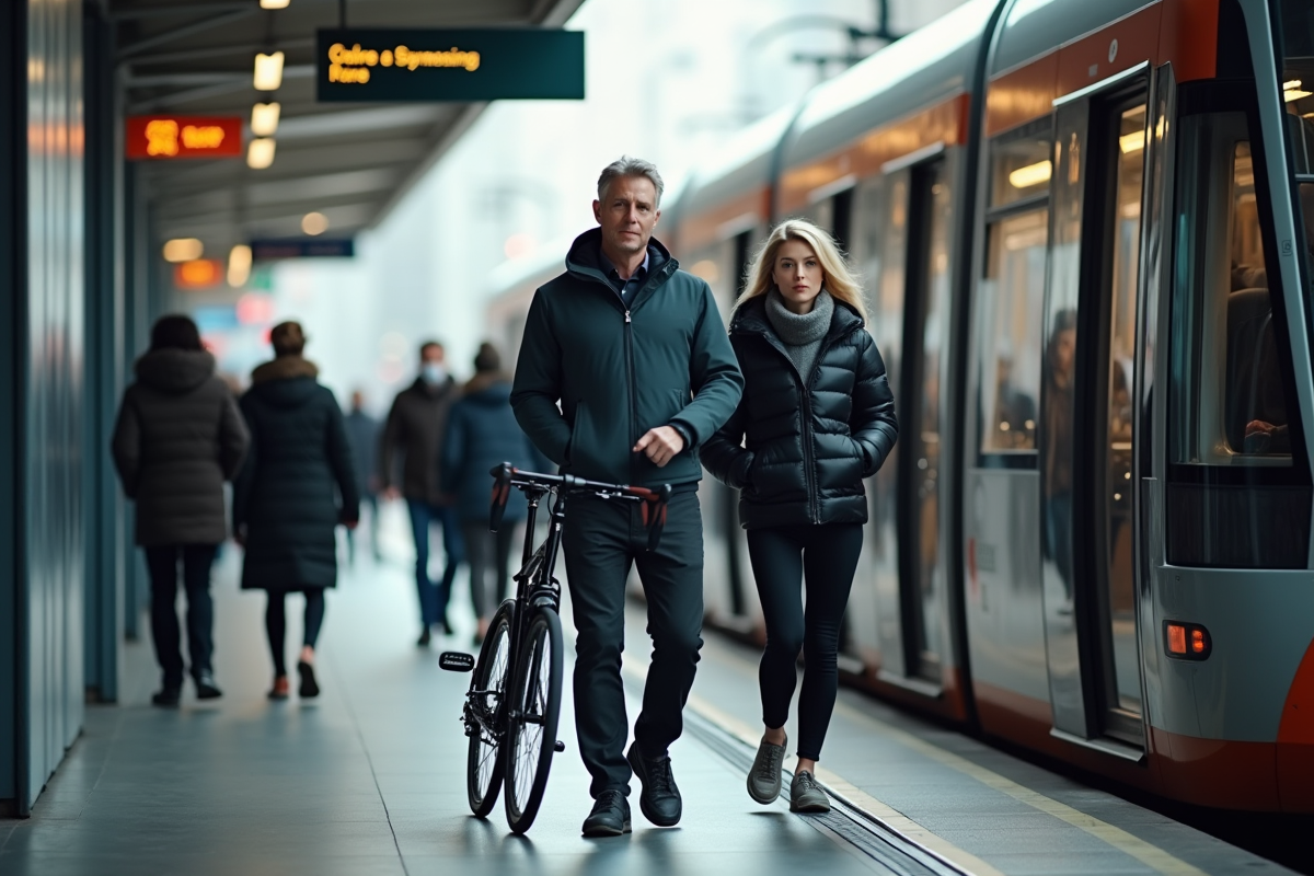 Groupe de passagers urbains dans une station de tram