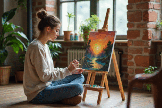 Femme en train de peindre un paysage dans un loft cosy