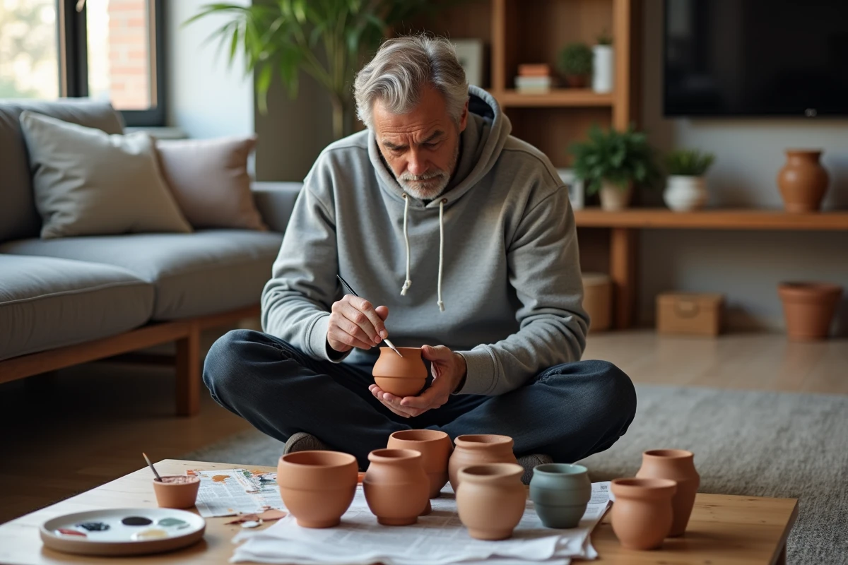 Homme adulte peignant des pots en terre cuite recyclés avec des peintures acryliques, activité créative économique à la maison