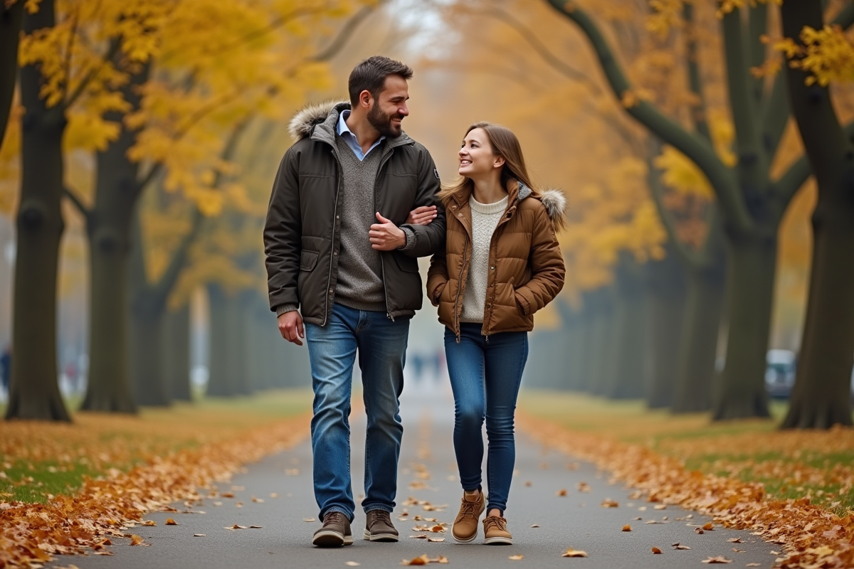 Pere et fille adolescente marchant dans un parc automnal
