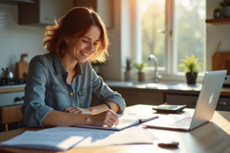Personne souriante à une table moderne vérifiant des papiers et un ordinateur