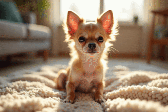 Chihuahua assis sur une couverture dans un salon ensoleille