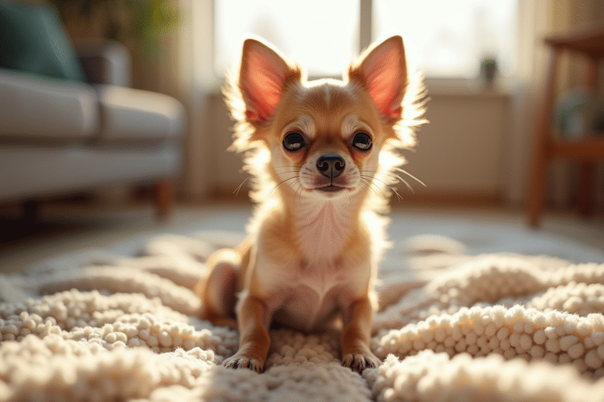 Chihuahua assis sur une couverture dans un salon ensoleille