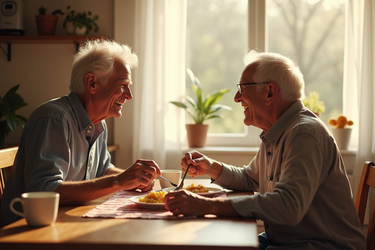 Couple senior partageant petit déjeuner dans la cuisine lumineuse