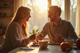 Couple heureux prenant le petit déjeuner dans une cuisine lumineuse