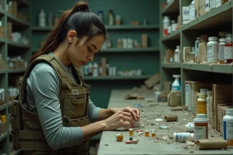 Pharmacienne ARC Raiders triant des médicaments dans une pharmacie abandonnée post-apocalyptique