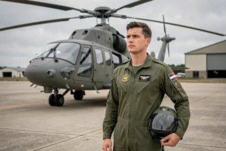 Pilote militaire en combinaison de vol devant un hélicoptère Caracal sur une base aérienne de l'armée française