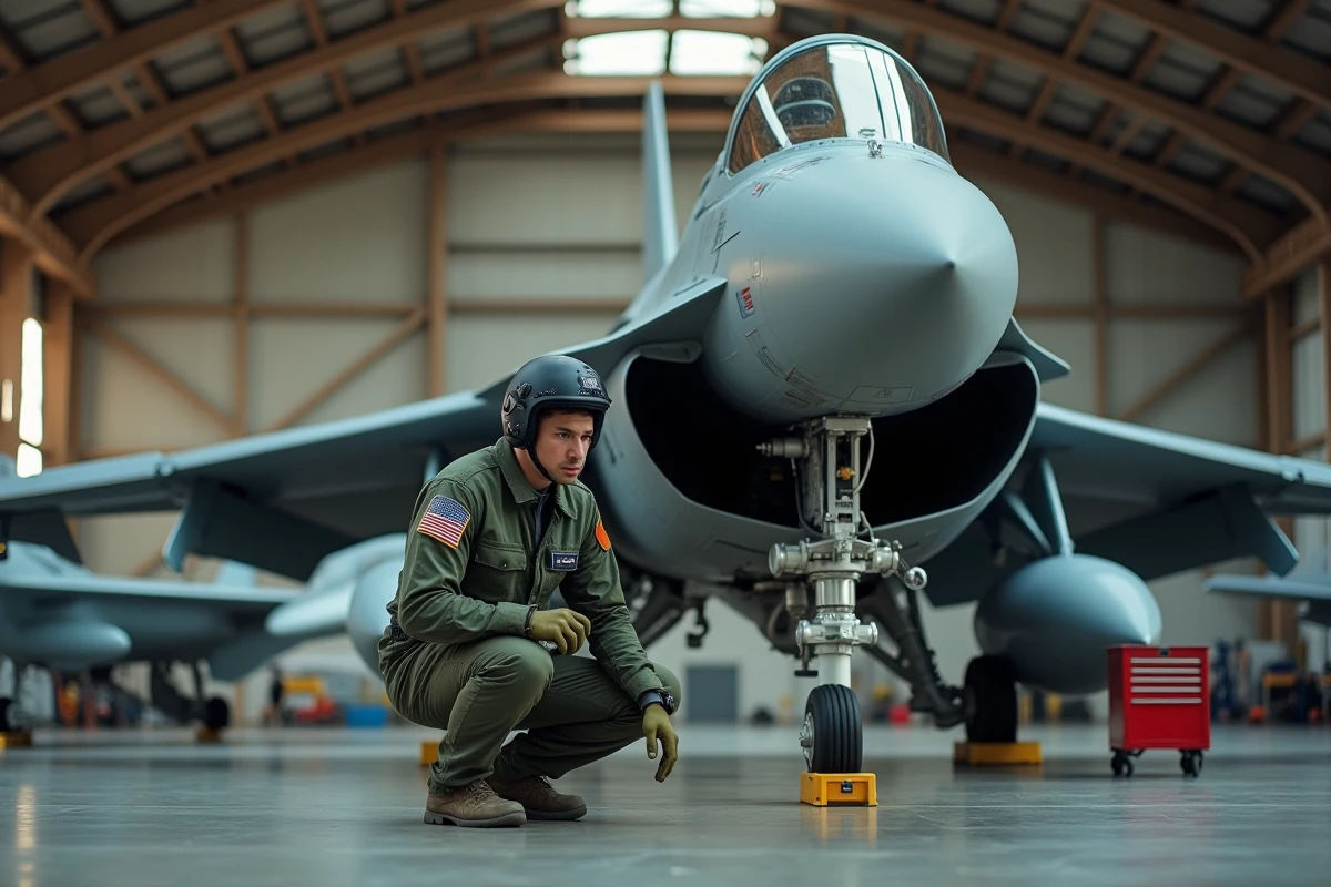 Pilote militaire en combinaison de vol inspectant le réacteur d'un avion de chasse dans un hangar de maintenance