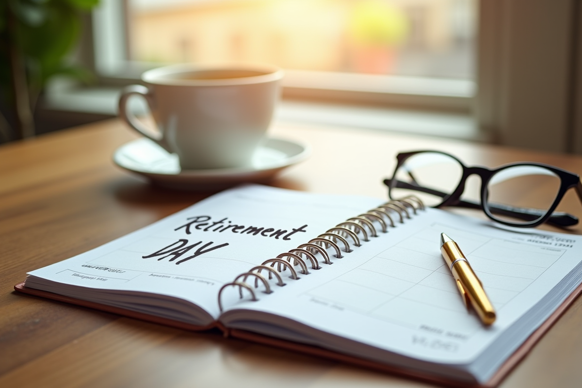 Agenda ouvert avec tasse de cafe et note retraite sur une table en bois
