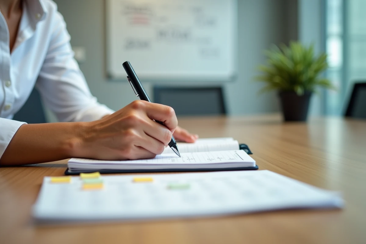 Mains d'un salarié planifiant ses congés et jours fériés 2026 dans un agenda professionnel