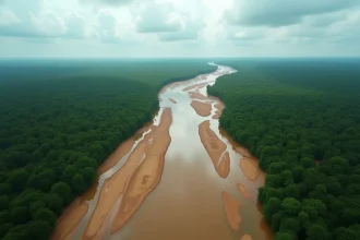 Vue aérienne d'un immense delta fluvial aux eaux chargées de sédiments se ramifiant en multiples canaux au cœur de la jungle tropicale