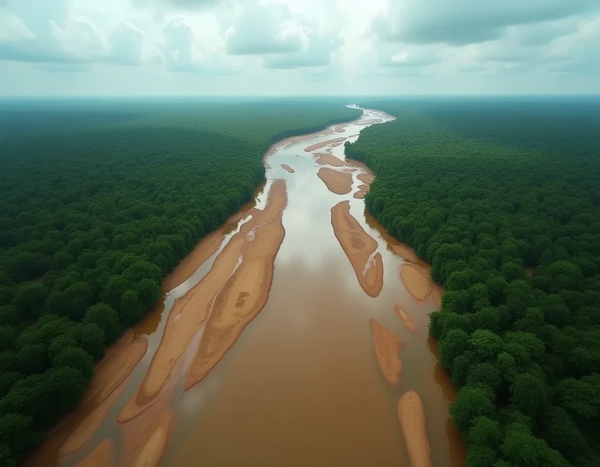 Vue aérienne d'un immense delta fluvial aux eaux chargées de sédiments se ramifiant en multiples canaux au cœur de la jungle tropicale