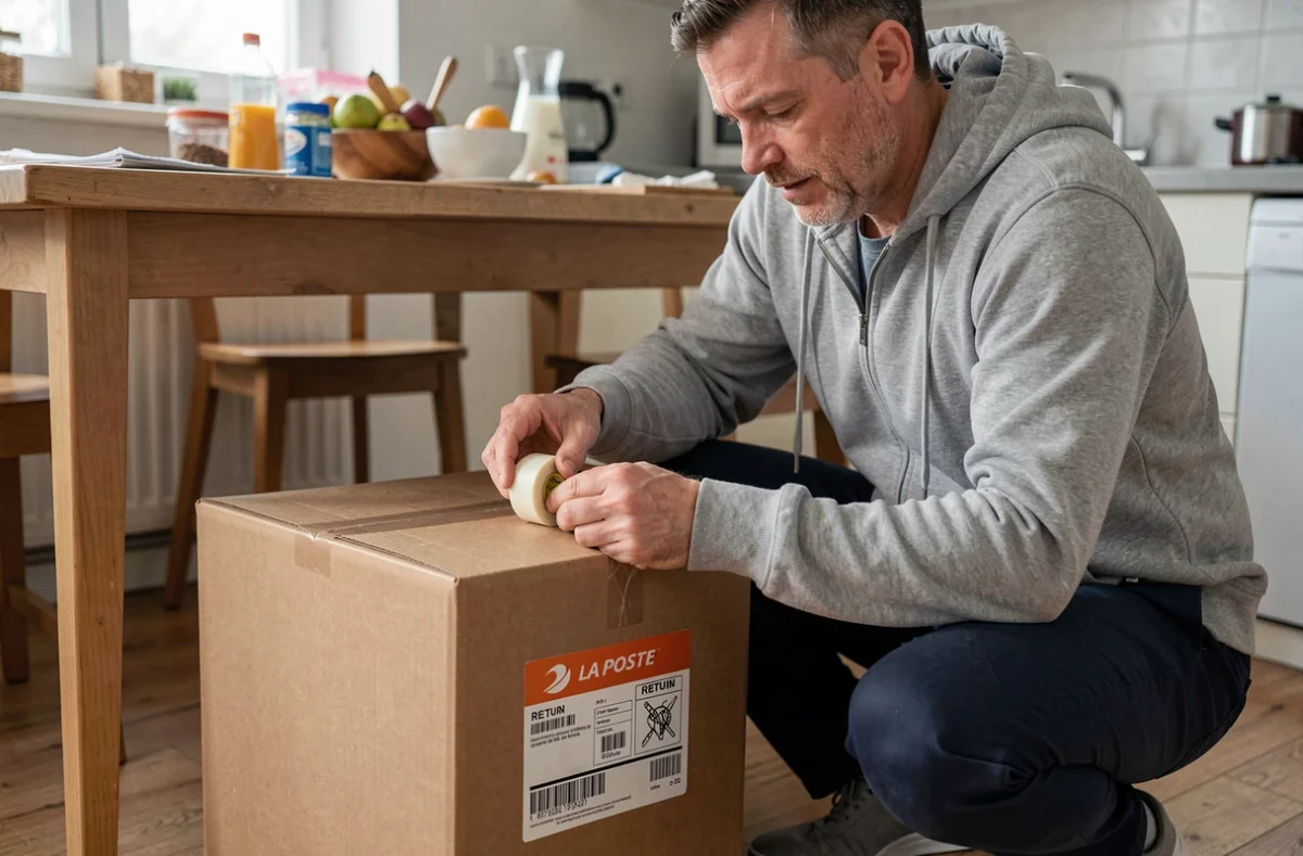 Homme préparant un colis retour à domicile avec étiquette La Poste collée sur la boîte en carton
