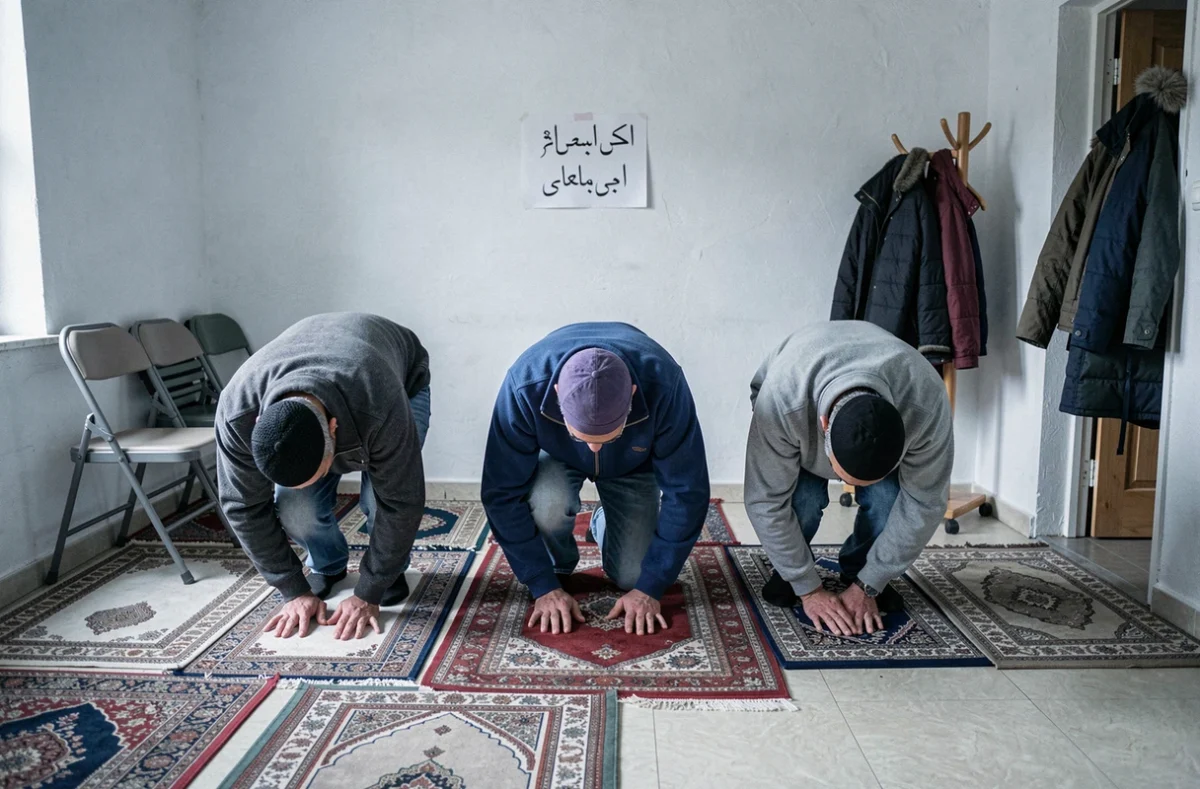Petite communauté musulmane en prière collective dans une salle associative aménagée en zone rurale française