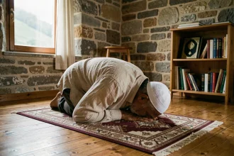Homme musulman en prière sur un tapis de prière dans un intérieur rural en Auvergne avec murs en pierre