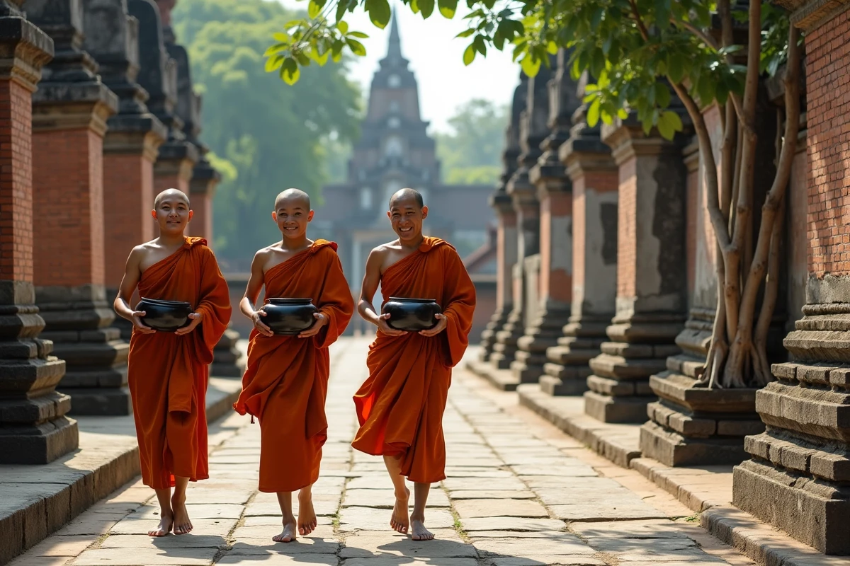 Procession de moines bouddhistes marchant pieds nus parmi les ruines historiques d'Ayutthaya, patrimoine bouddhiste thaïlandais
