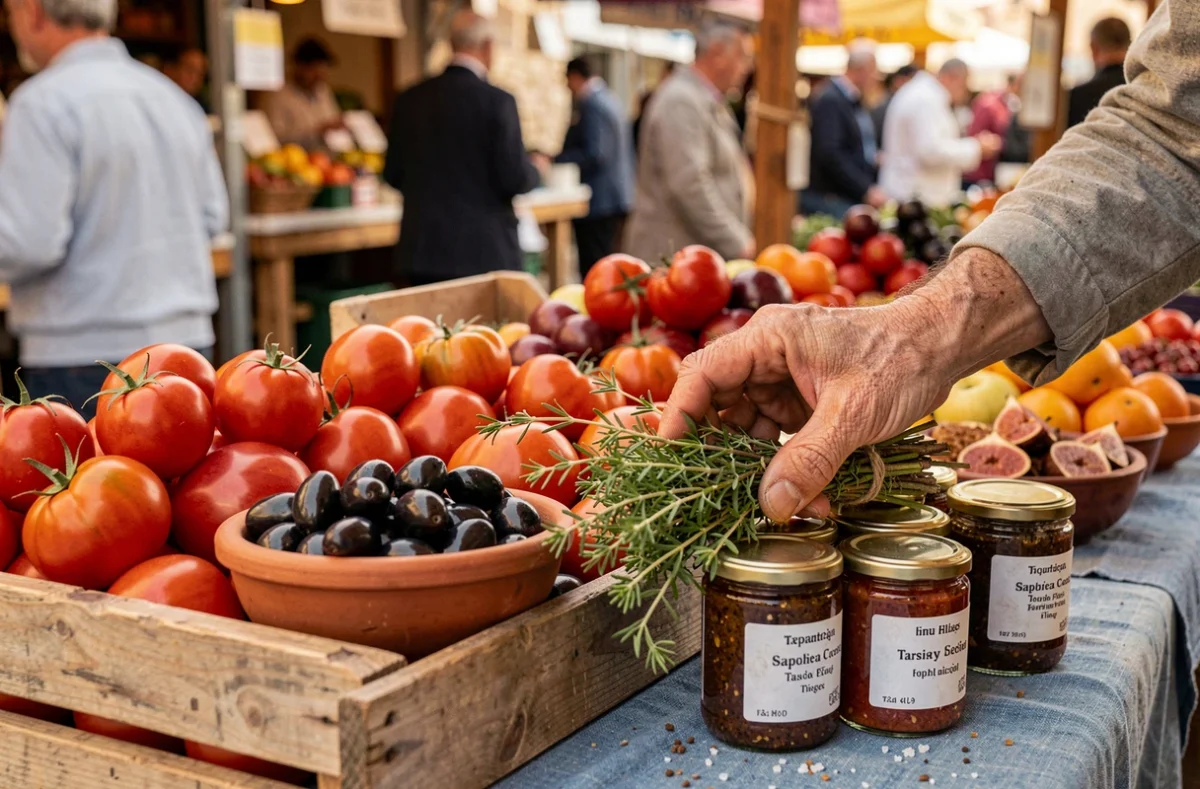 Gros plan sur des produits du marché provençal : tomates anciennes, olives noires et pots de tapenade artisanale