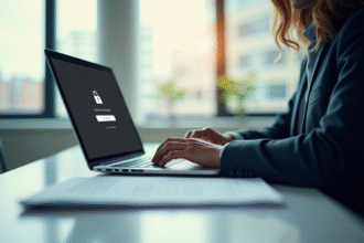 Professionnel se connectant sur une plateforme en ligne sur un ordinateur portable moderne