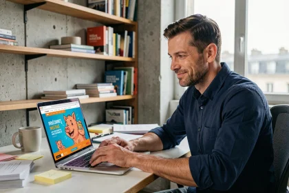 Un professionnel du marketing numérique analyse une campagne virale inspirée d'Astérix et du sanglier sur son ordinateur portable dans un espace de coworking parisien