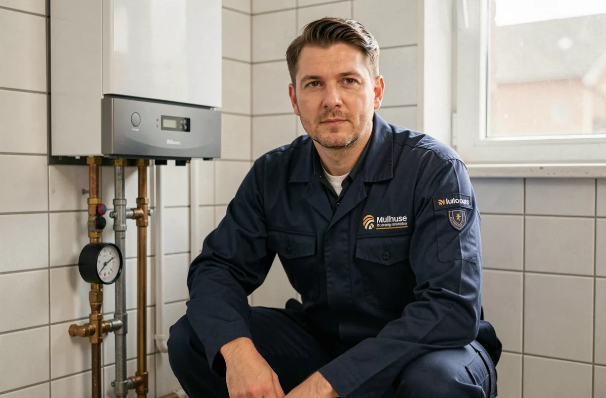 Technicien plombier chauffagiste de Qualitech à Mulhouse inspectant une chaudière murale dans un appartement résidentiel