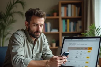 Homme comparant des offres de forfaits mobiles sur smartphone et ordinateur pour résilier son contrat Free Mobile